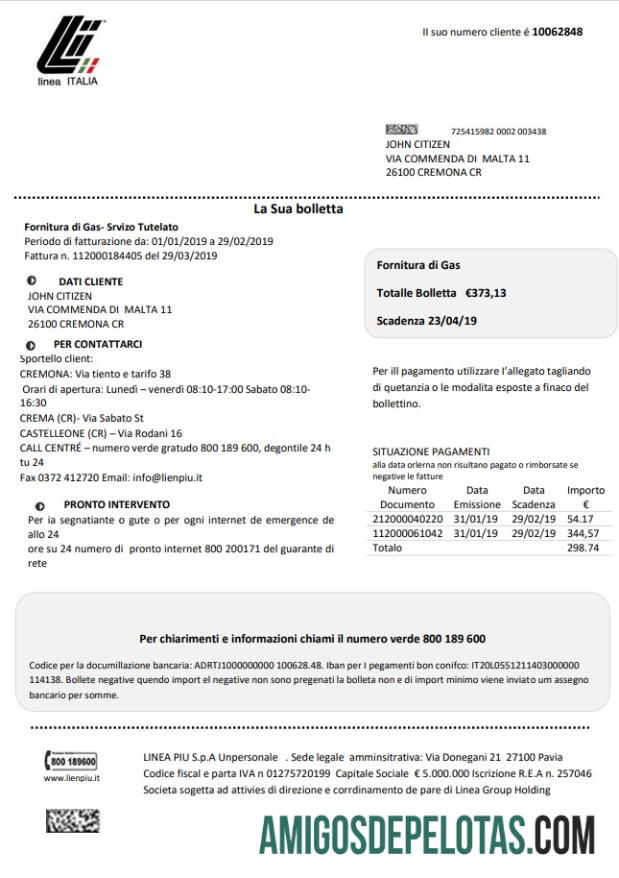 imprimível Modelo de conta de serviços públicos da Itália Linea Italia em formato Word e PDF